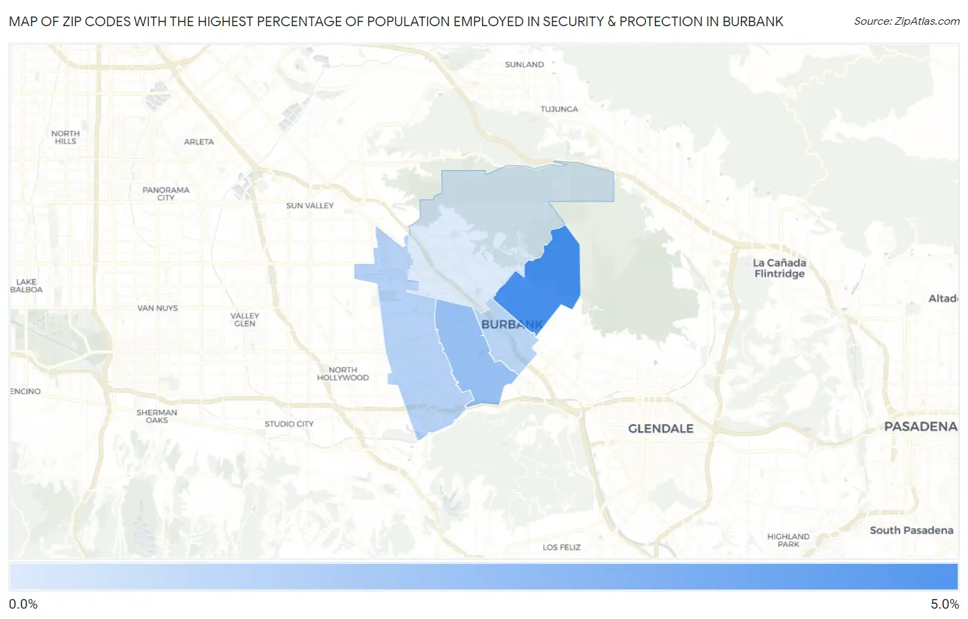 Zip Codes with the Highest Percentage of Population Employed in Security & Protection in Burbank Map