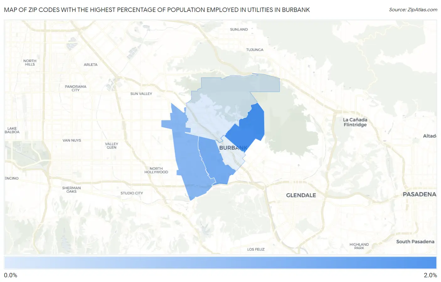 Zip Codes with the Highest Percentage of Population Employed in Utilities in Burbank Map