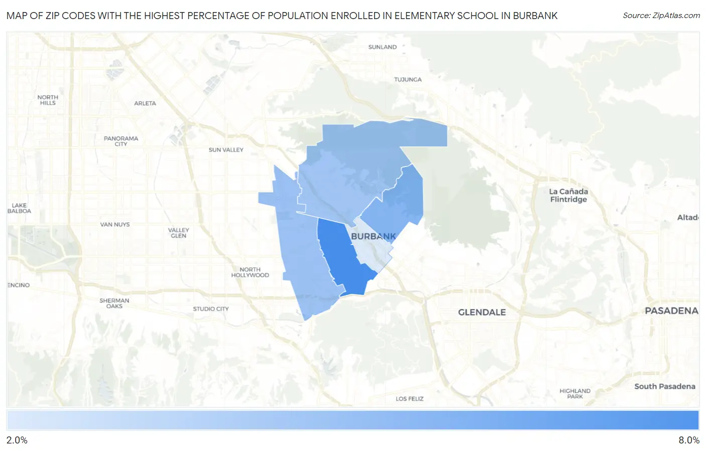 Zip Codes with the Highest Percentage of Population Enrolled in Elementary School in Burbank Map