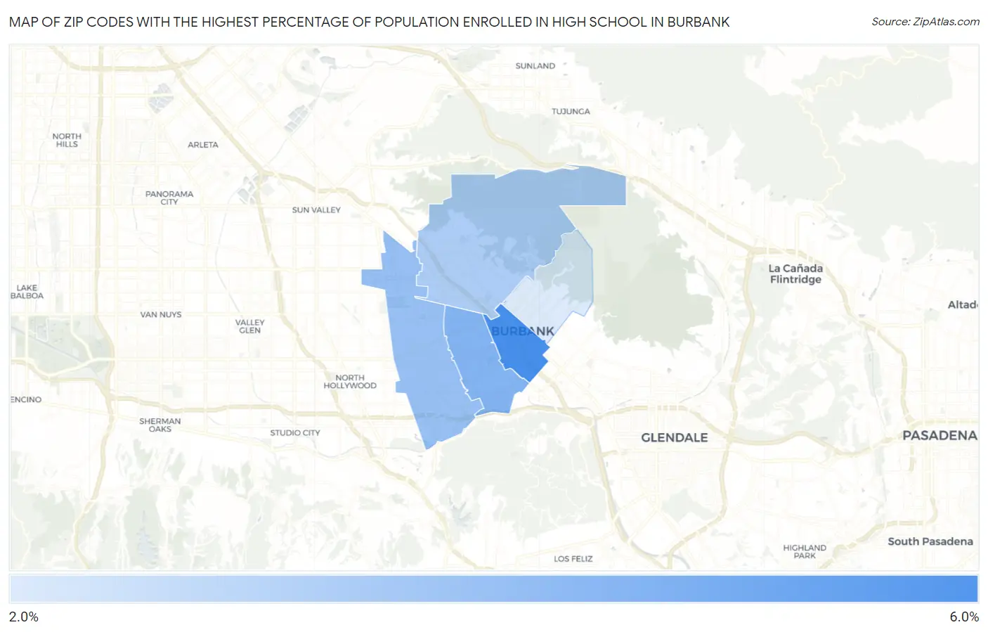 Zip Codes with the Highest Percentage of Population Enrolled in High School in Burbank Map