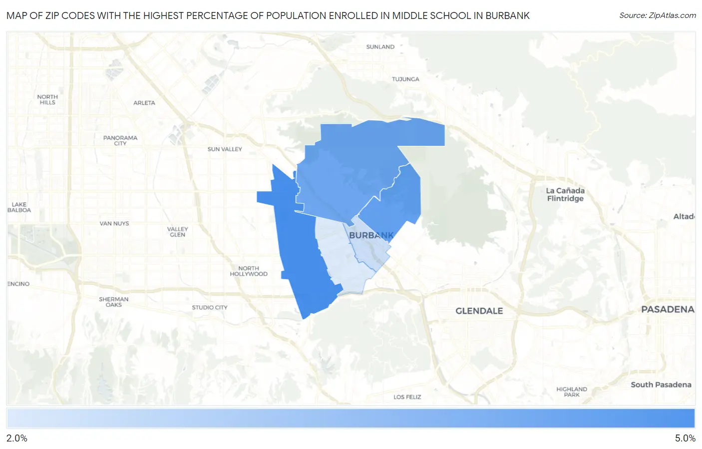 Zip Codes with the Highest Percentage of Population Enrolled in Middle School in Burbank Map