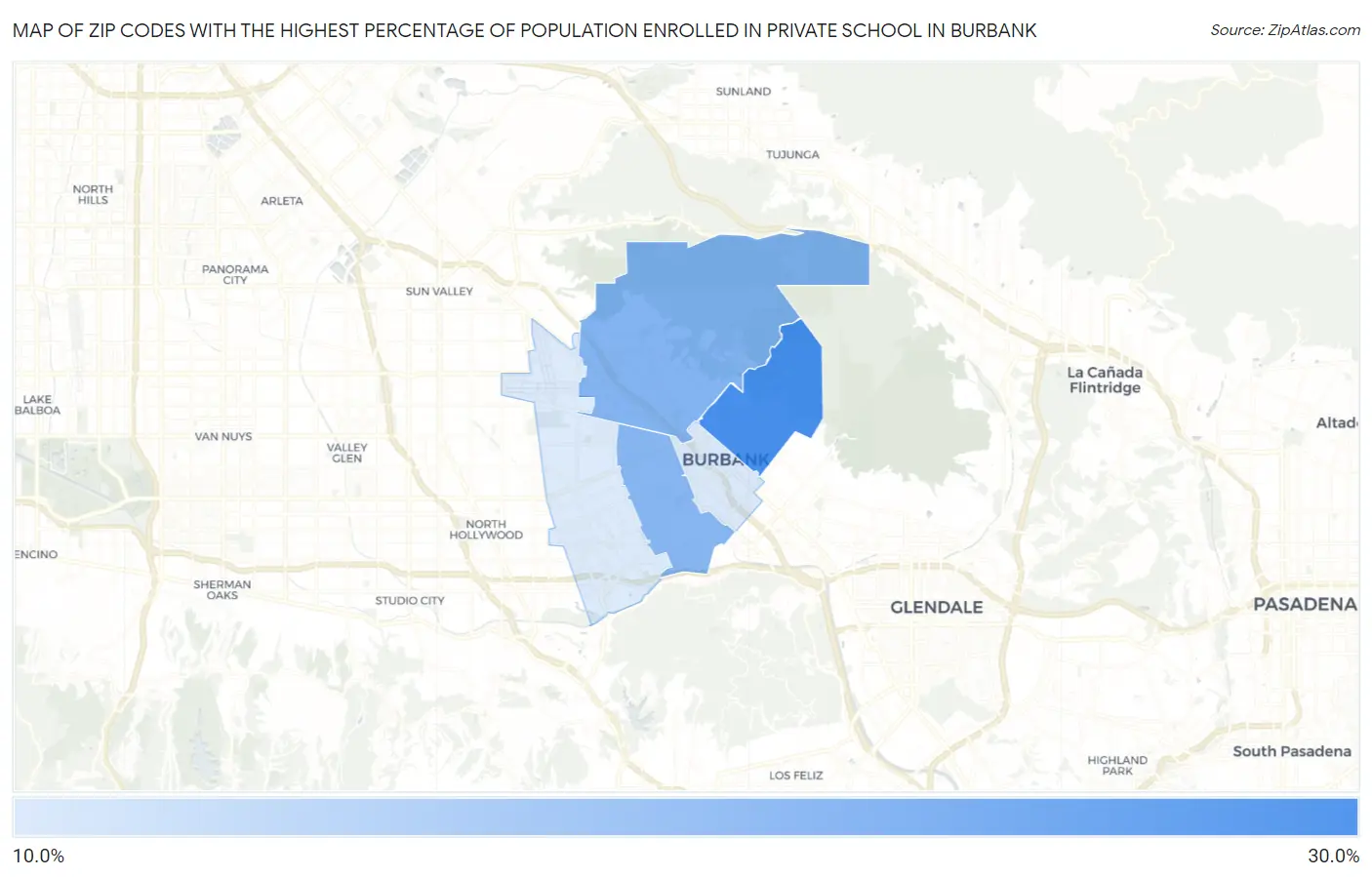 Zip Codes with the Highest Percentage of Population Enrolled in Private School in Burbank Map