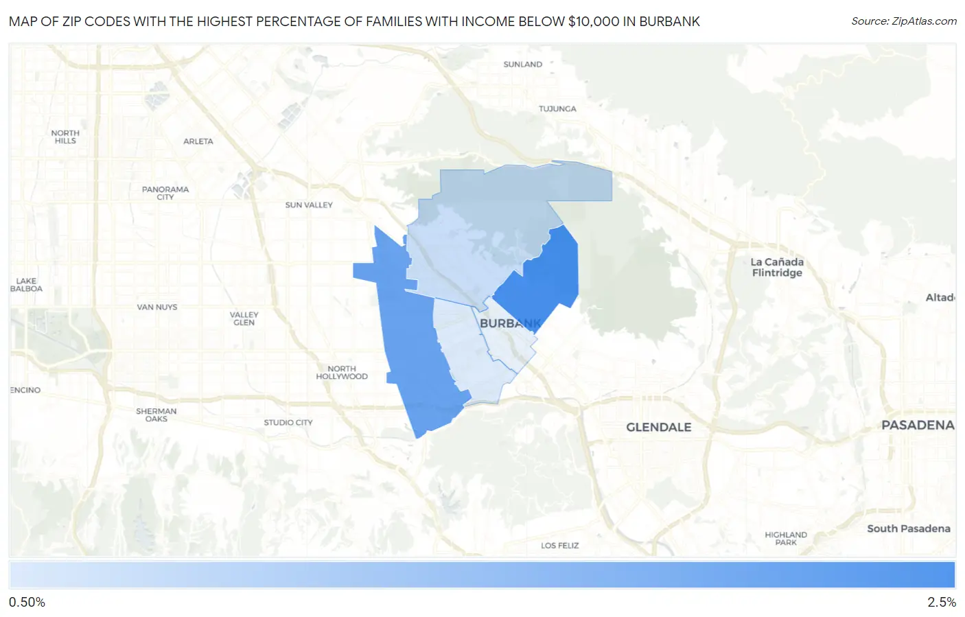 Zip Codes with the Highest Percentage of Families with Income Below $10,000 in Burbank Map