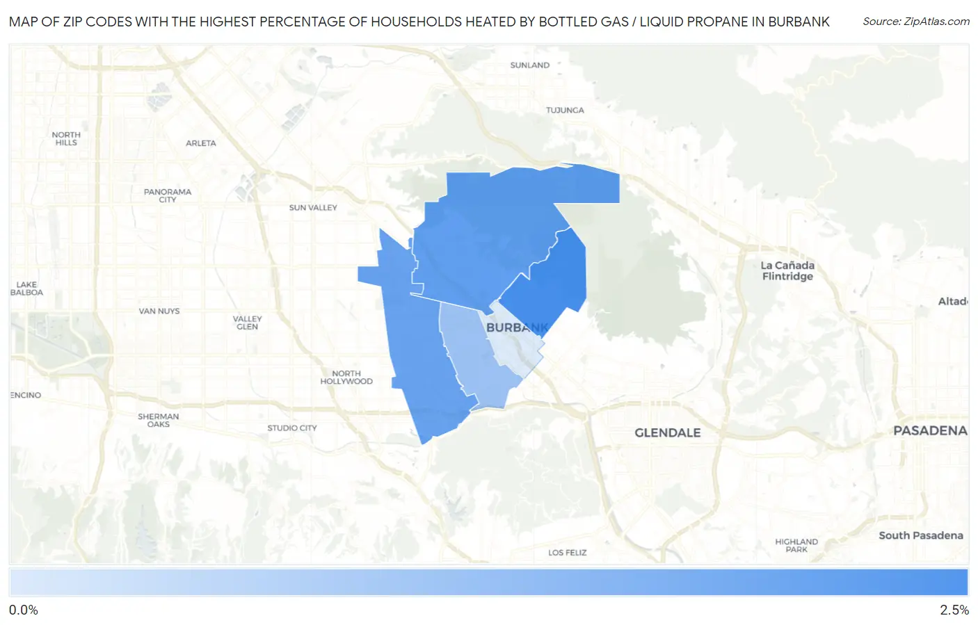 Zip Codes with the Highest Percentage of Households Heated by Bottled Gas / Liquid Propane in Burbank Map