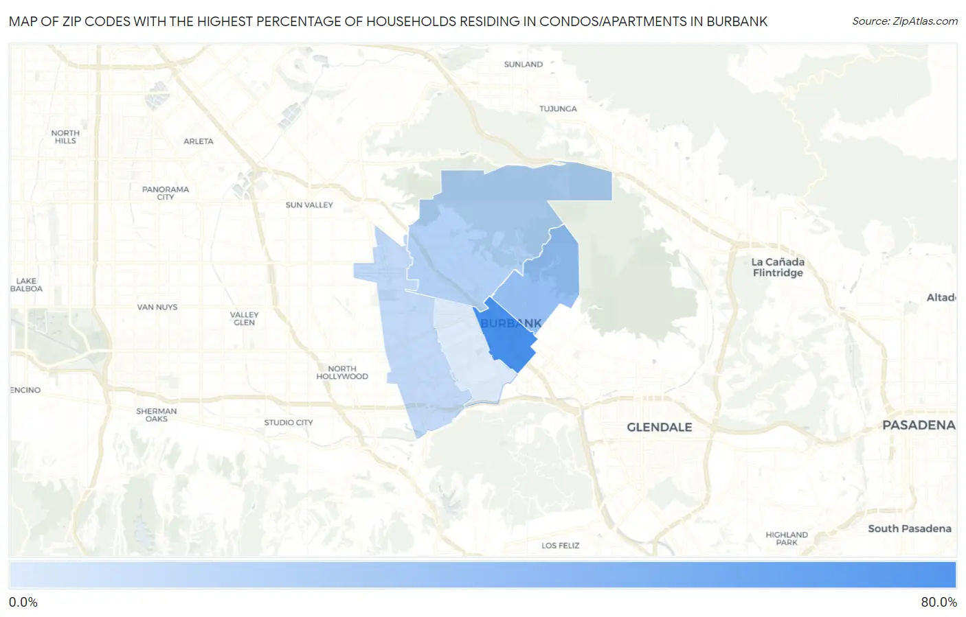 Zip Codes with the Highest Percentage of Households Residing in Condos/Apartments in Burbank Map
