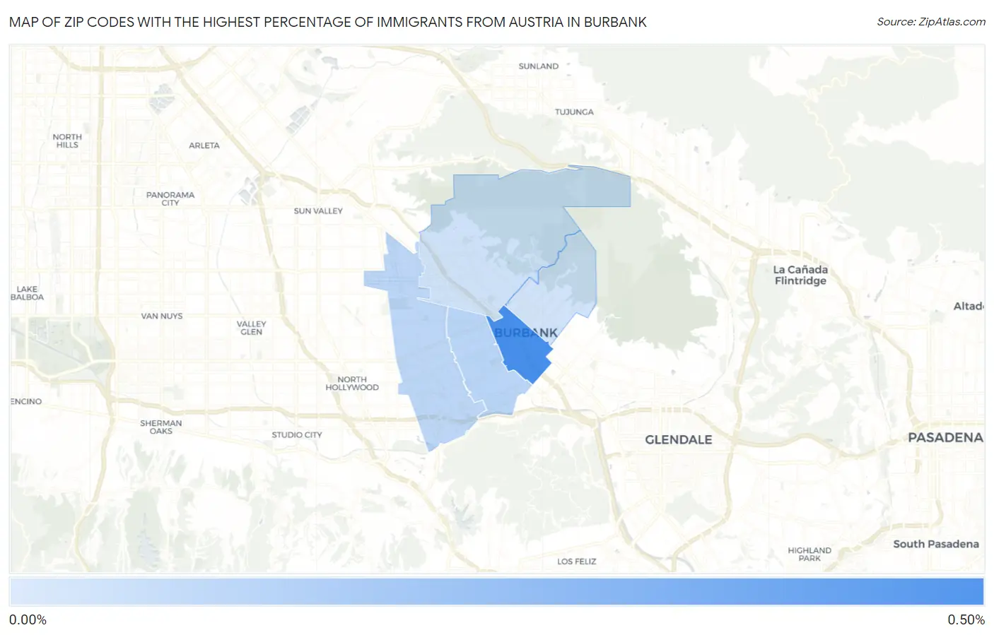 Zip Codes with the Highest Percentage of Immigrants from Austria in Burbank Map
