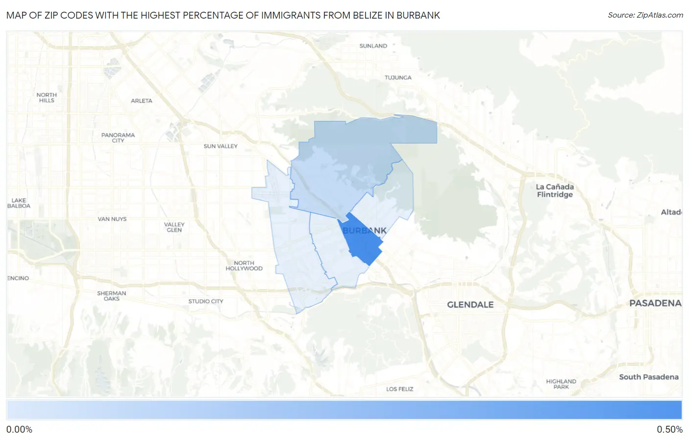 Zip Codes with the Highest Percentage of Immigrants from Belize in Burbank Map
