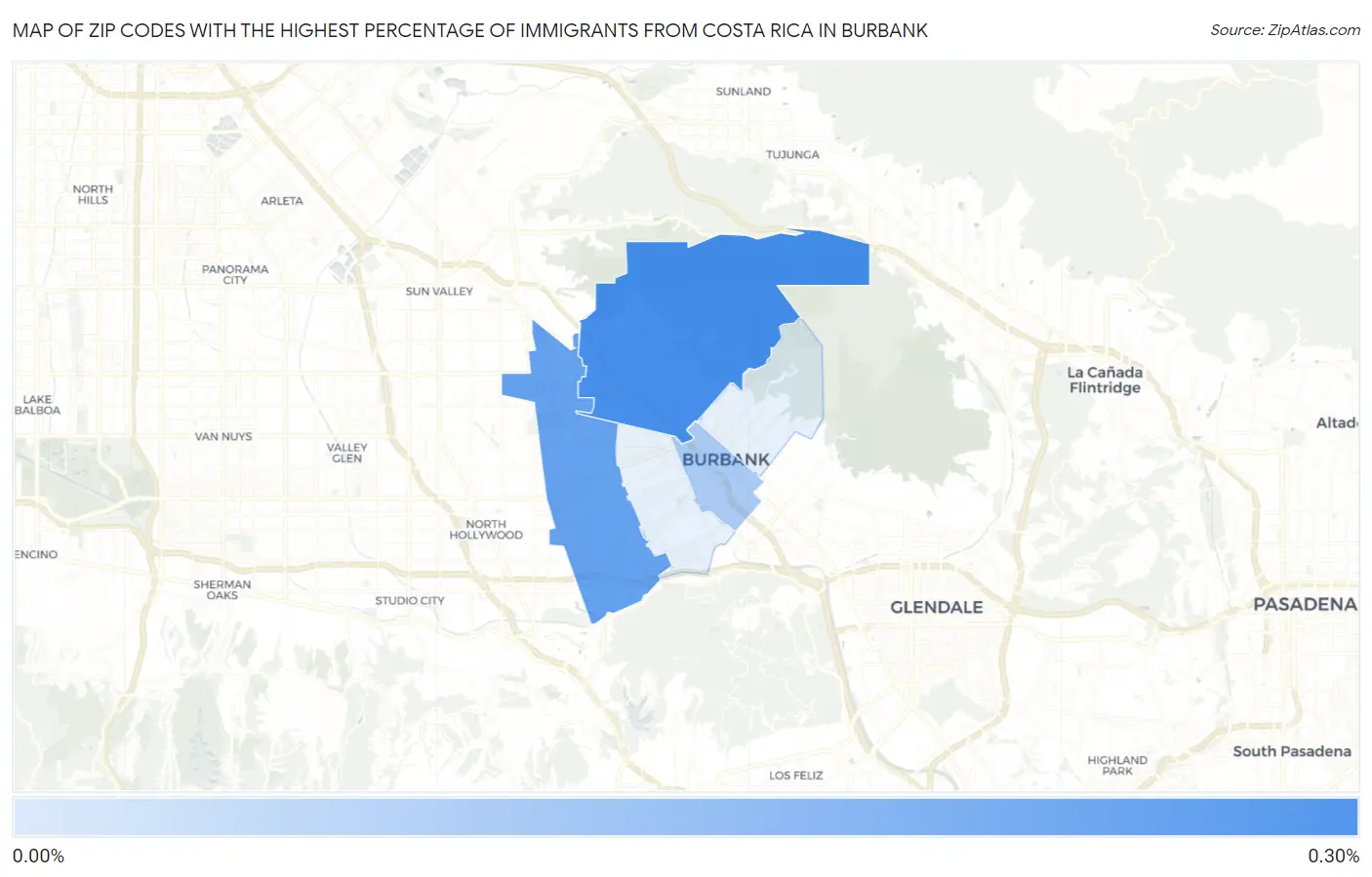 Zip Codes with the Highest Percentage of Immigrants from Costa Rica in Burbank Map