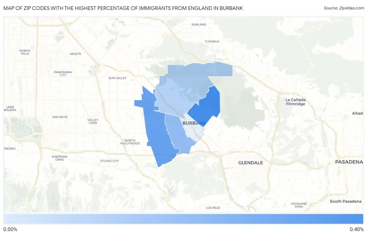 Zip Codes with the Highest Percentage of Immigrants from England in Burbank Map
