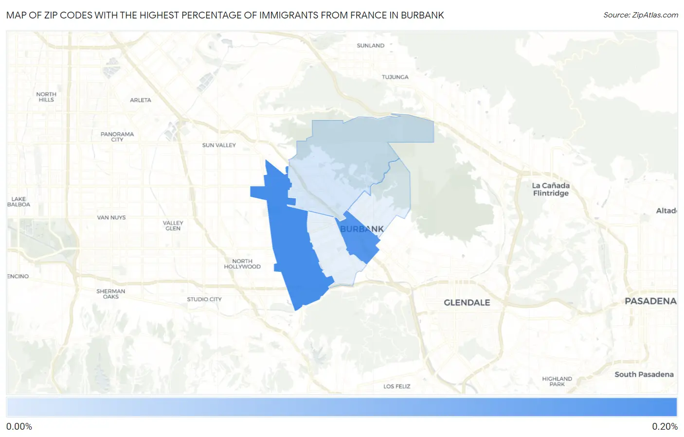 Zip Codes with the Highest Percentage of Immigrants from France in Burbank Map