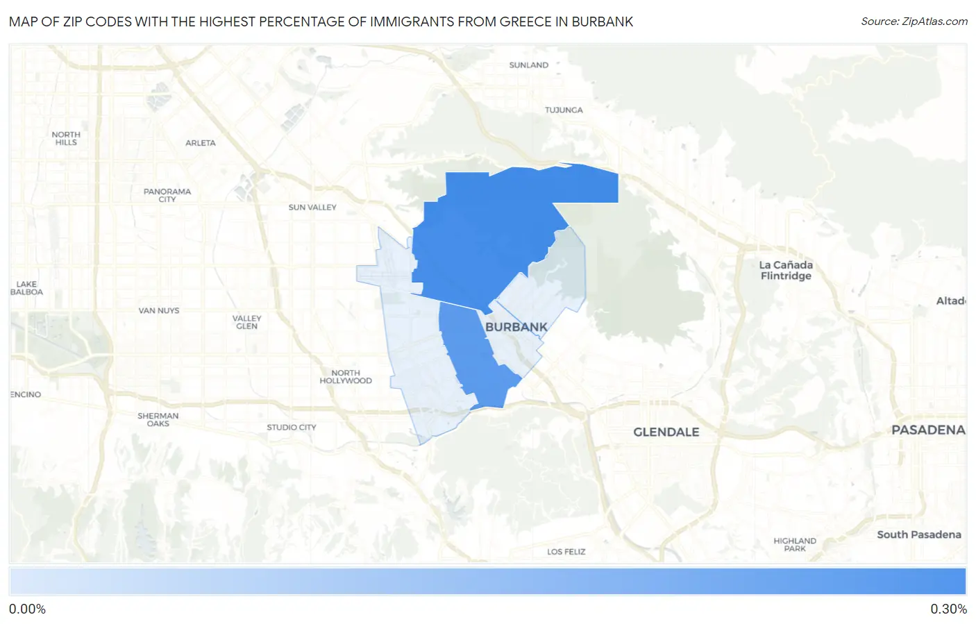 Zip Codes with the Highest Percentage of Immigrants from Greece in Burbank Map