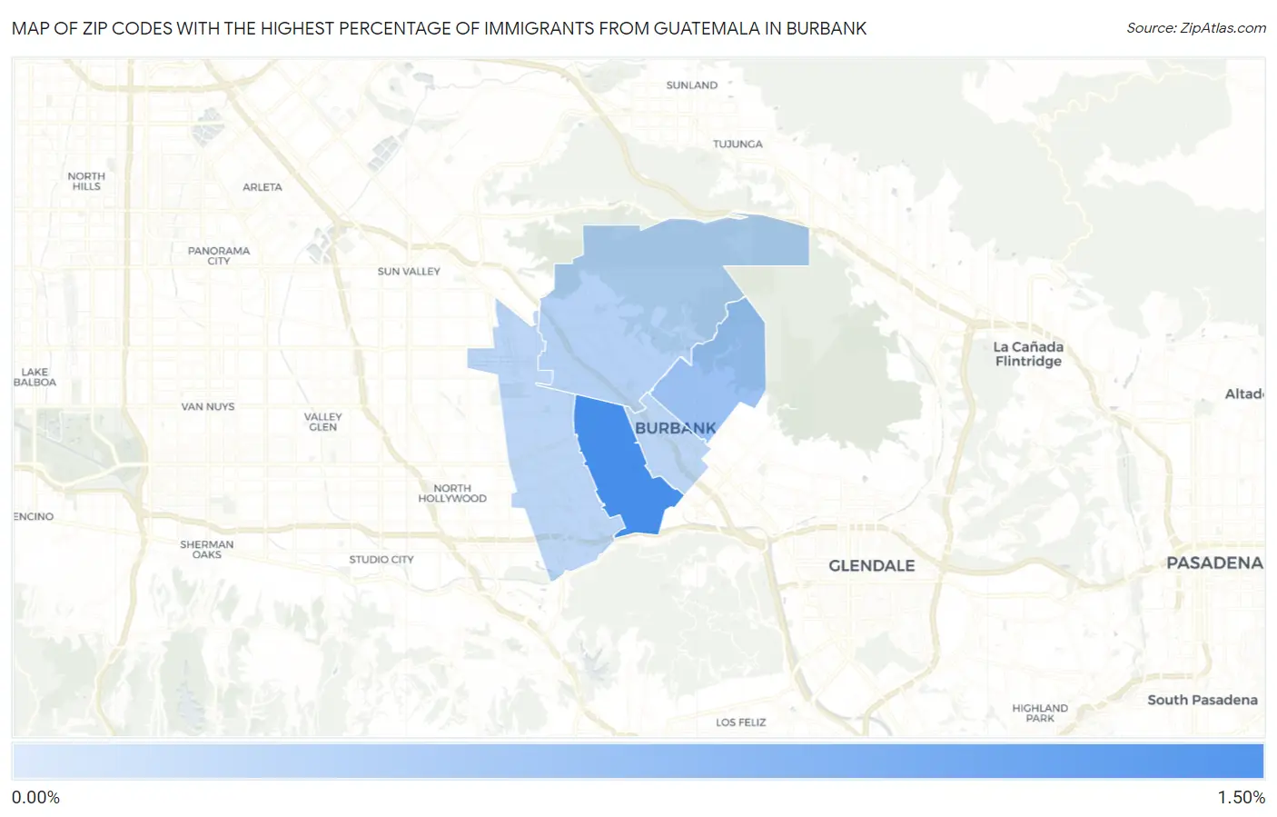 Zip Codes with the Highest Percentage of Immigrants from Guatemala in Burbank Map