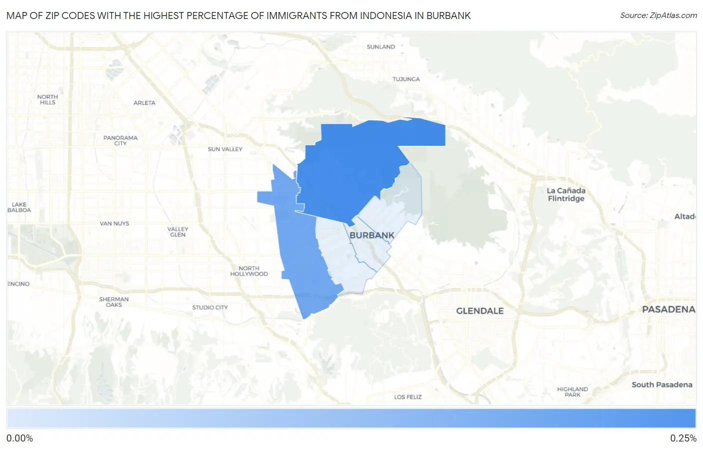 Zip Codes with the Highest Percentage of Immigrants from Indonesia in Burbank Map