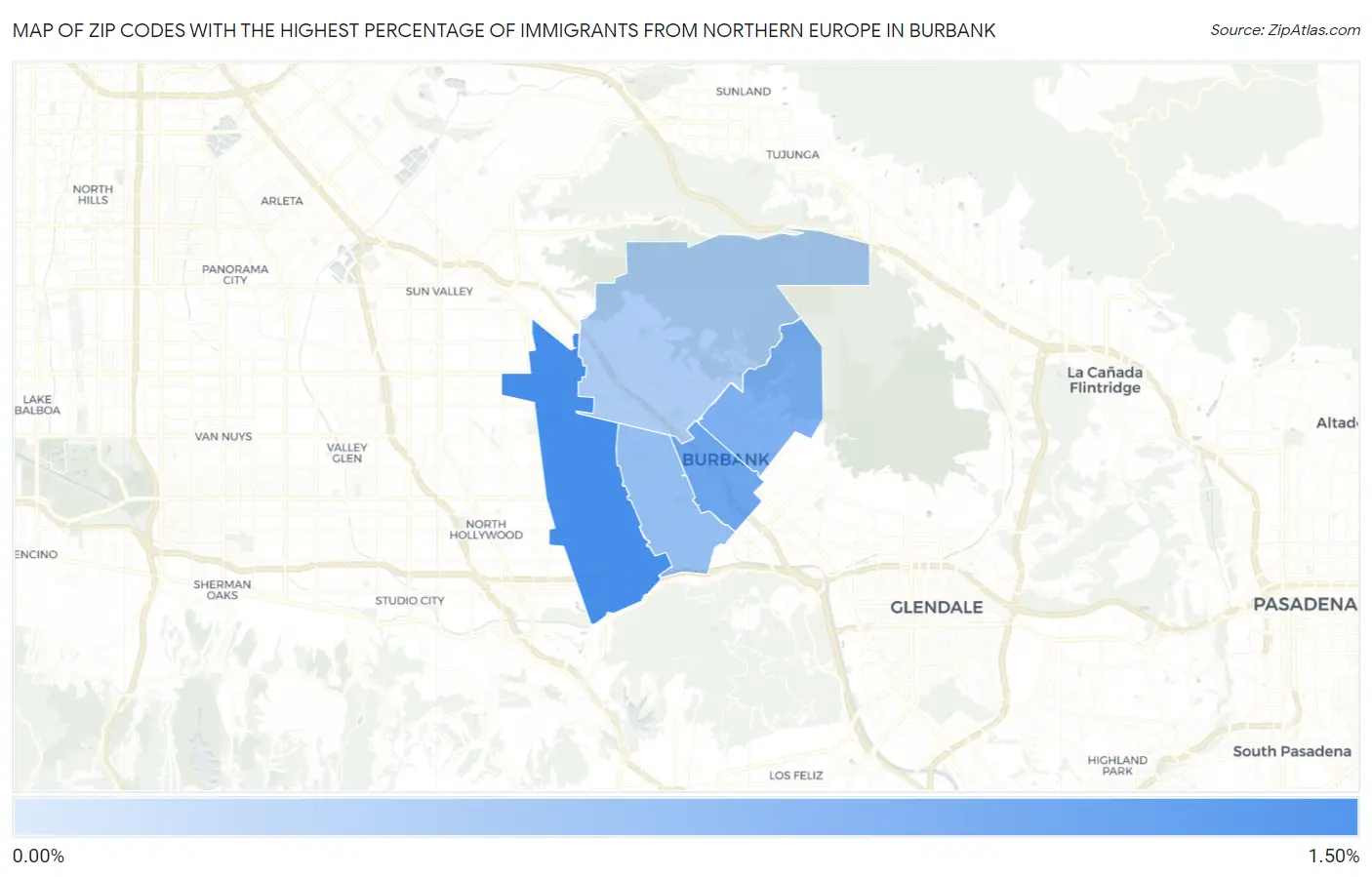 Zip Codes with the Highest Percentage of Immigrants from Northern Europe in Burbank Map