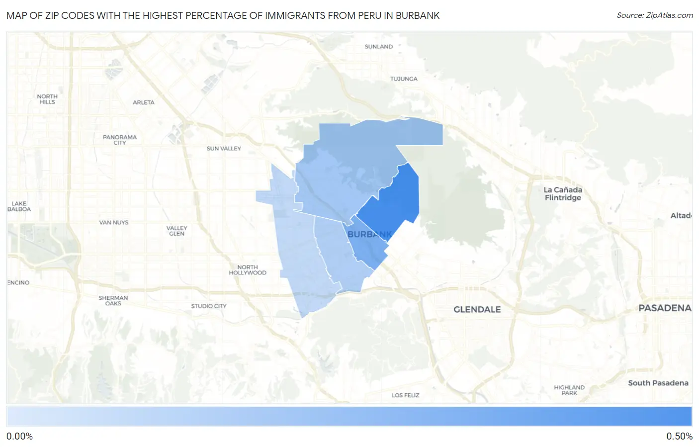 Zip Codes with the Highest Percentage of Immigrants from Peru in Burbank Map