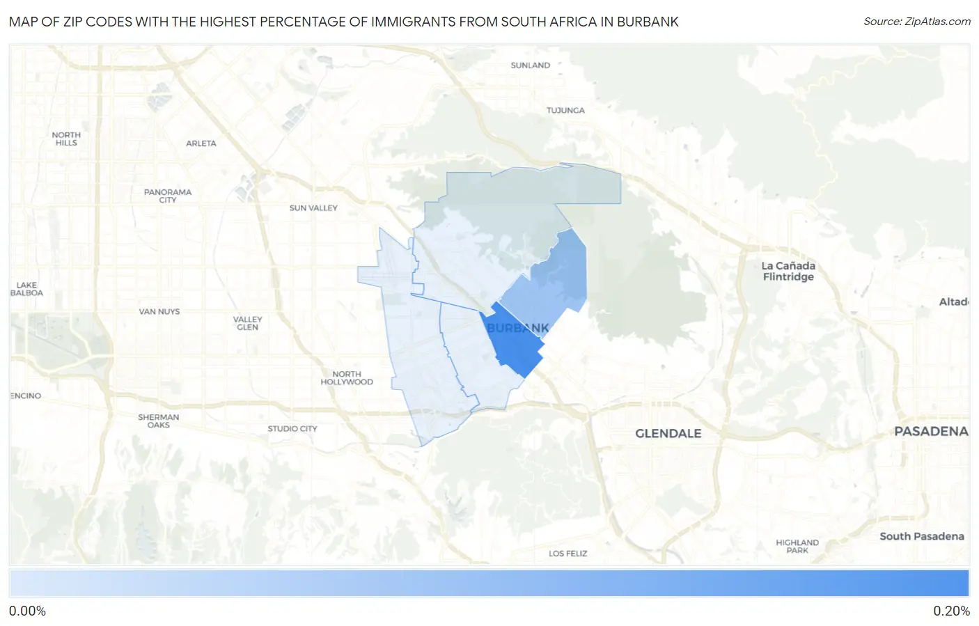 Zip Codes with the Highest Percentage of Immigrants from South Africa in Burbank Map