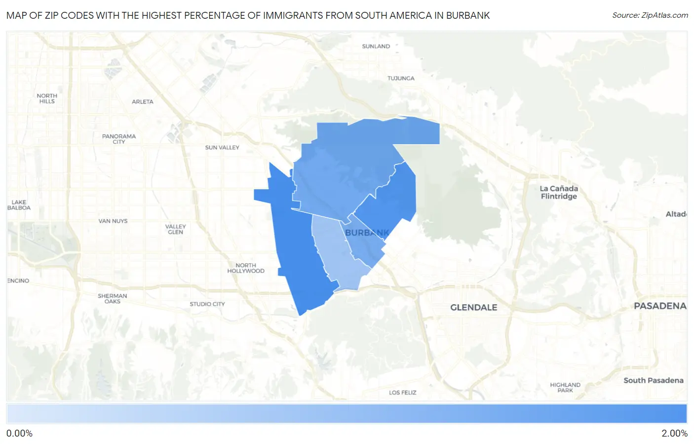 Zip Codes with the Highest Percentage of Immigrants from South America in Burbank Map