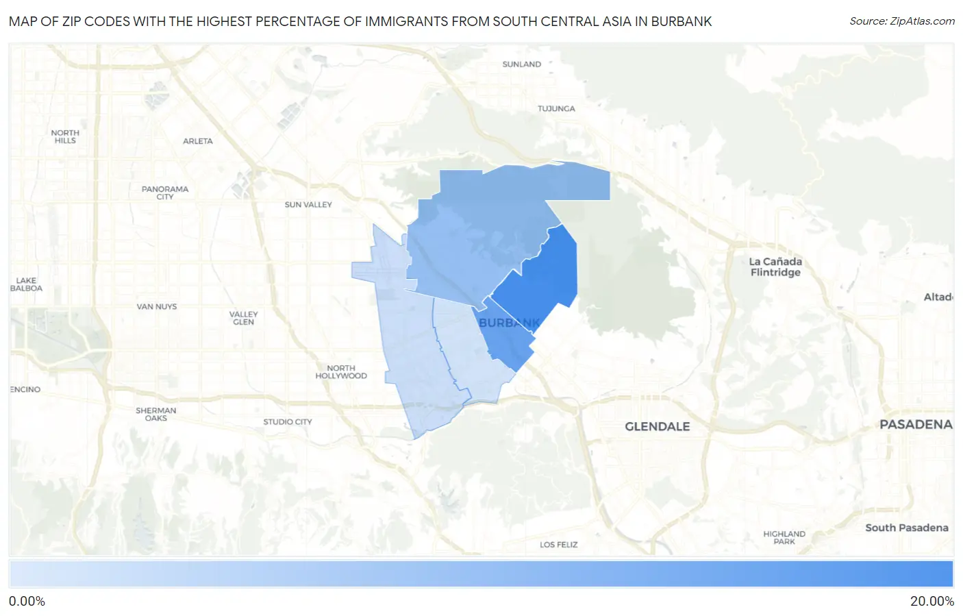 Zip Codes with the Highest Percentage of Immigrants from South Central Asia in Burbank Map