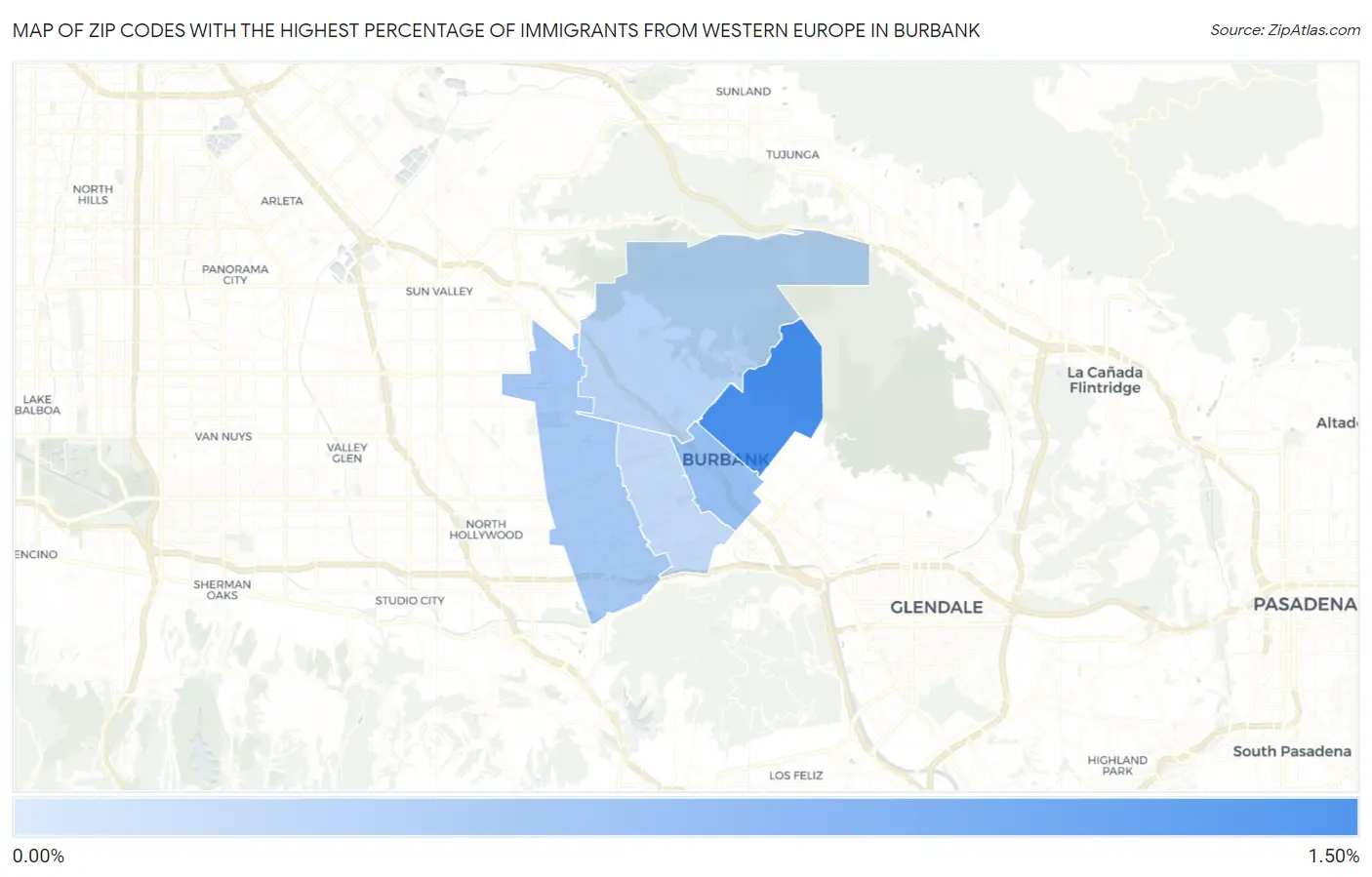 Zip Codes with the Highest Percentage of Immigrants from Western Europe in Burbank Map