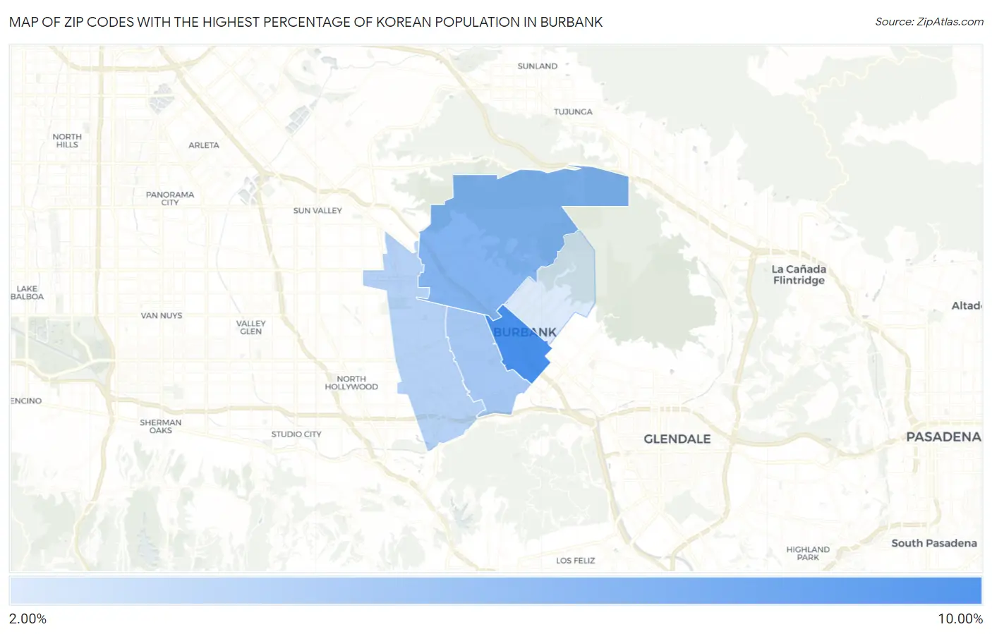 Zip Codes with the Highest Percentage of Korean Population in Burbank Map