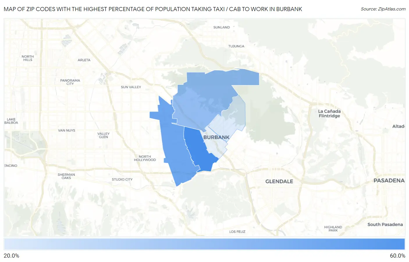 Zip Codes with the Highest Percentage of Population Taking Taxi / Cab to Work in Burbank Map