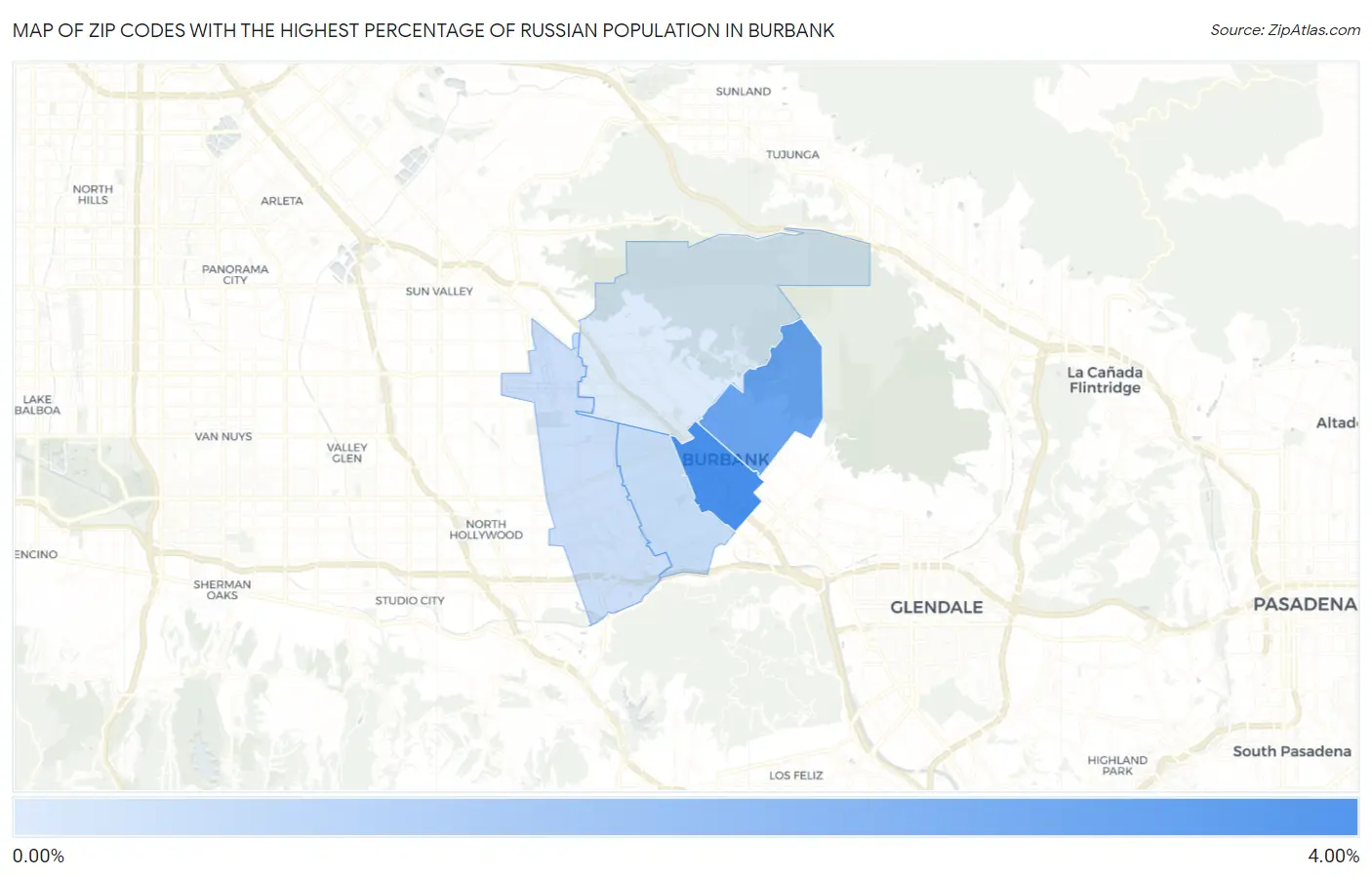 Zip Codes with the Highest Percentage of Russian Population in Burbank Map