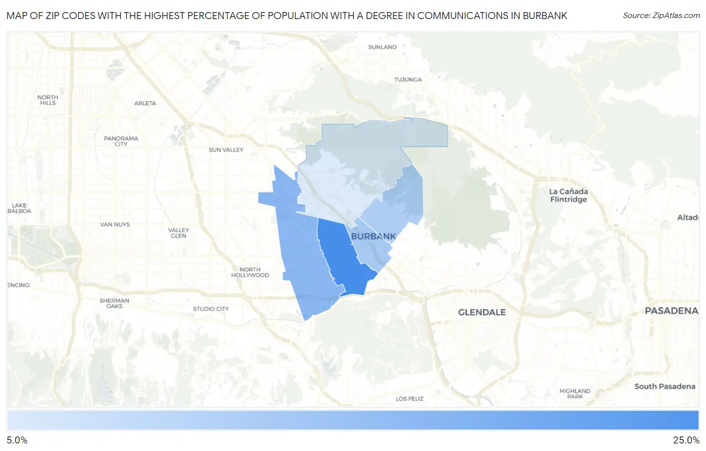 Zip Codes with the Highest Percentage of Population with a Degree in Communications in Burbank Map