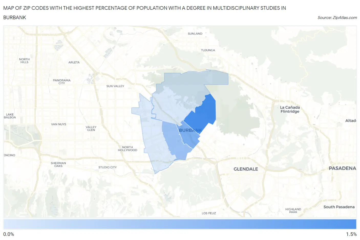Zip Codes with the Highest Percentage of Population with a Degree in Multidisciplinary Studies in Burbank Map