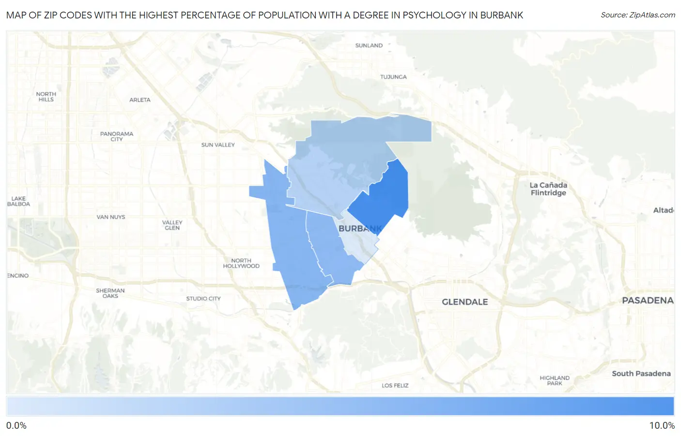 Zip Codes with the Highest Percentage of Population with a Degree in Psychology in Burbank Map