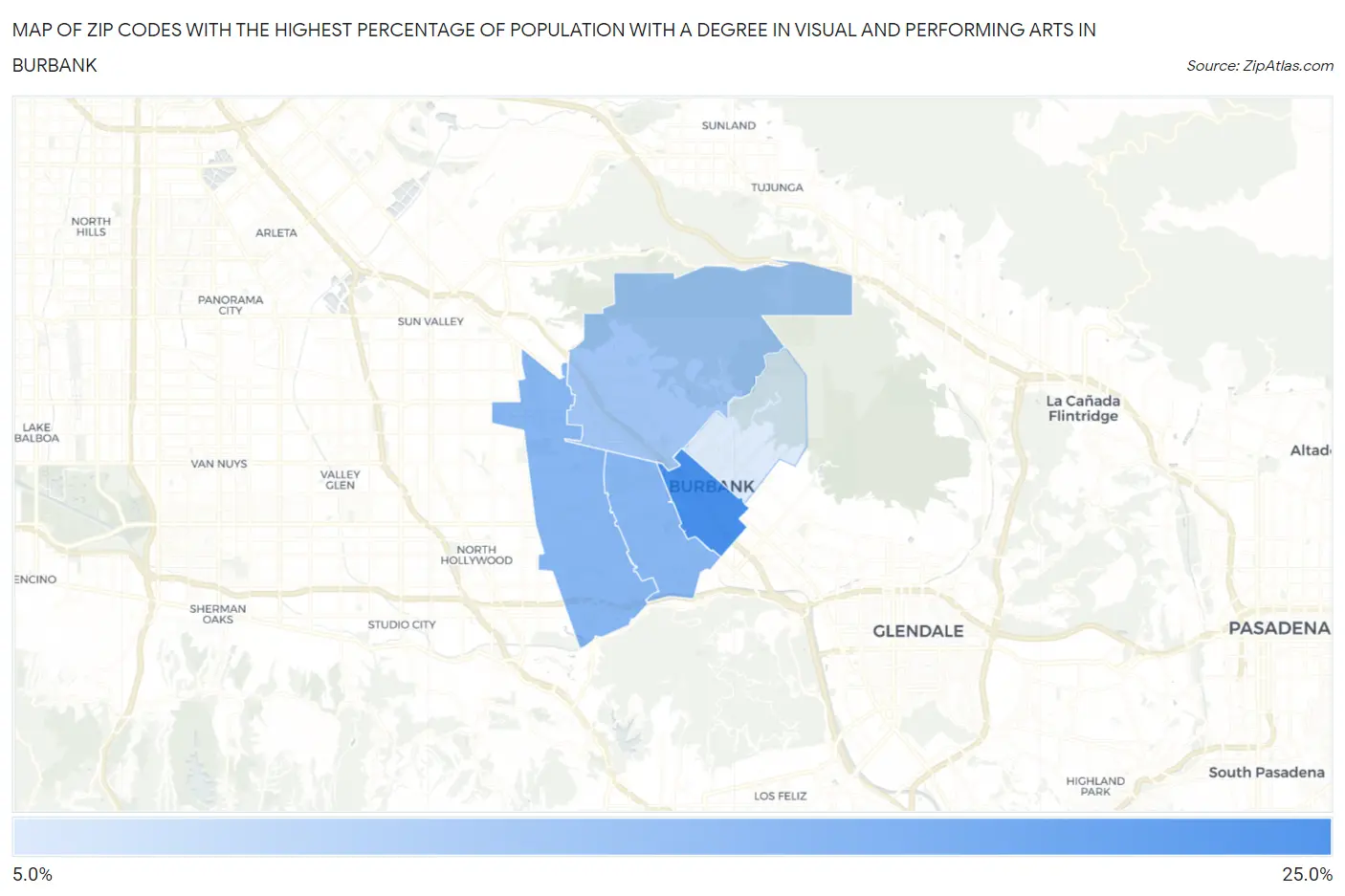 Zip Codes with the Highest Percentage of Population with a Degree in Visual and Performing Arts in Burbank Map
