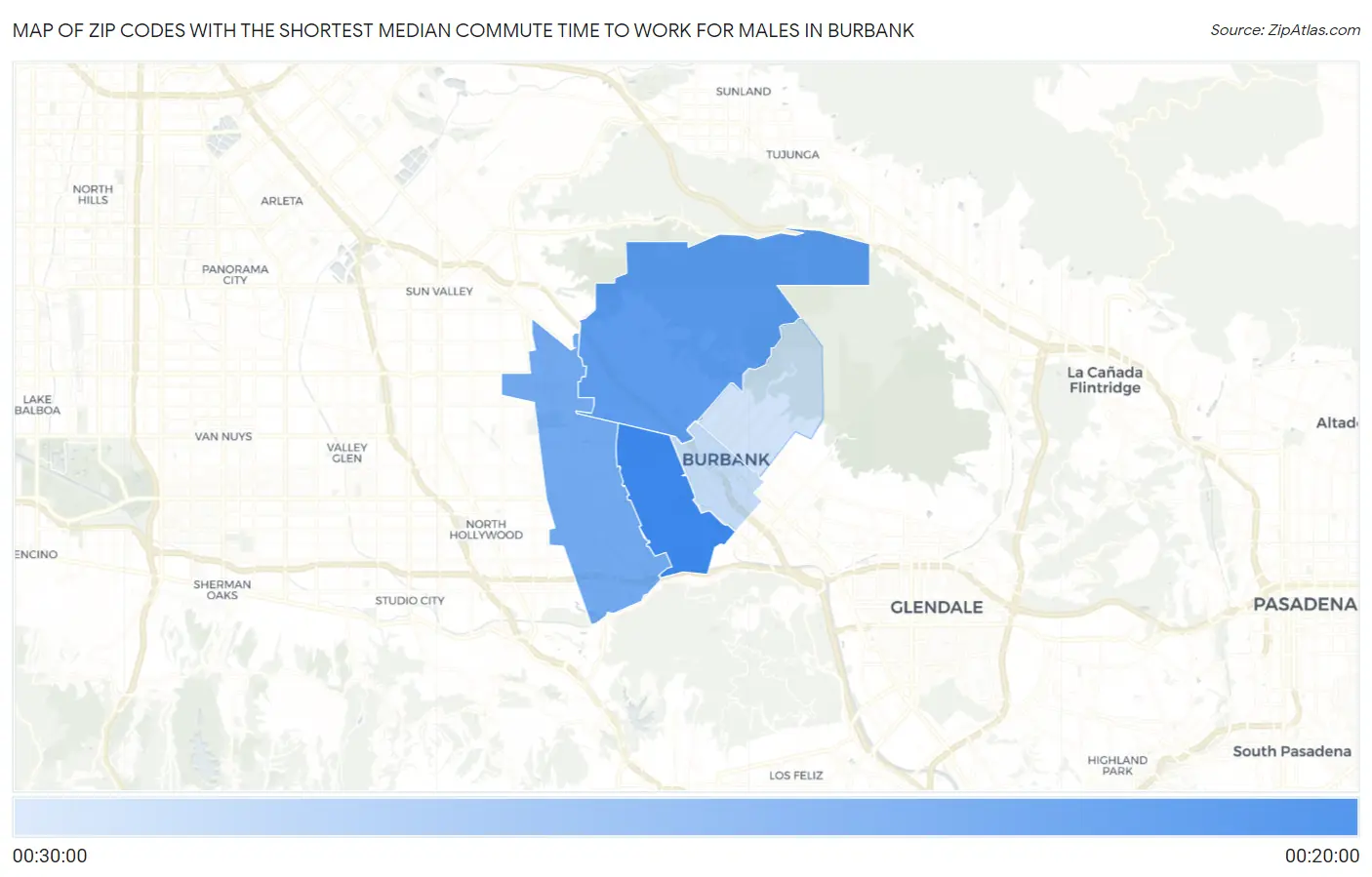 Zip Codes with the Shortest Median Commute Time to Work for Males in Burbank Map