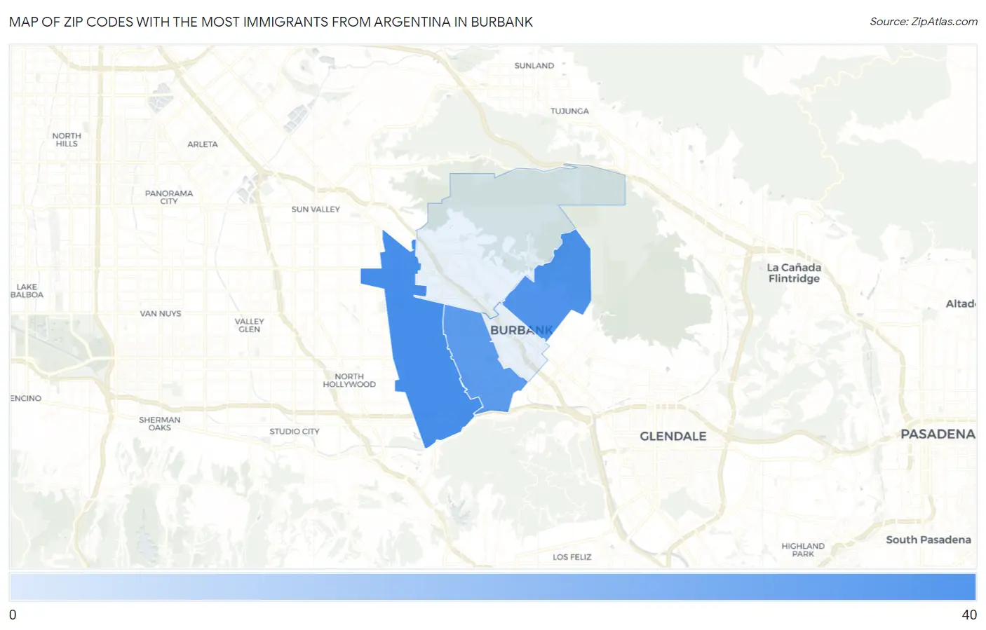 Zip Codes with the Most Immigrants from Argentina in Burbank Map