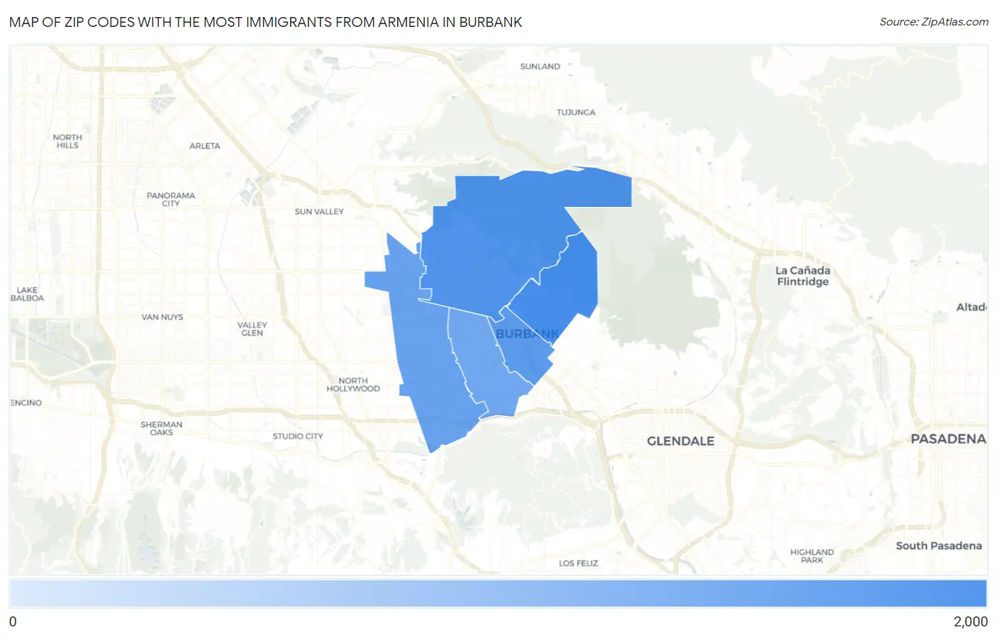 Zip Codes with the Most Immigrants from Armenia in Burbank Map