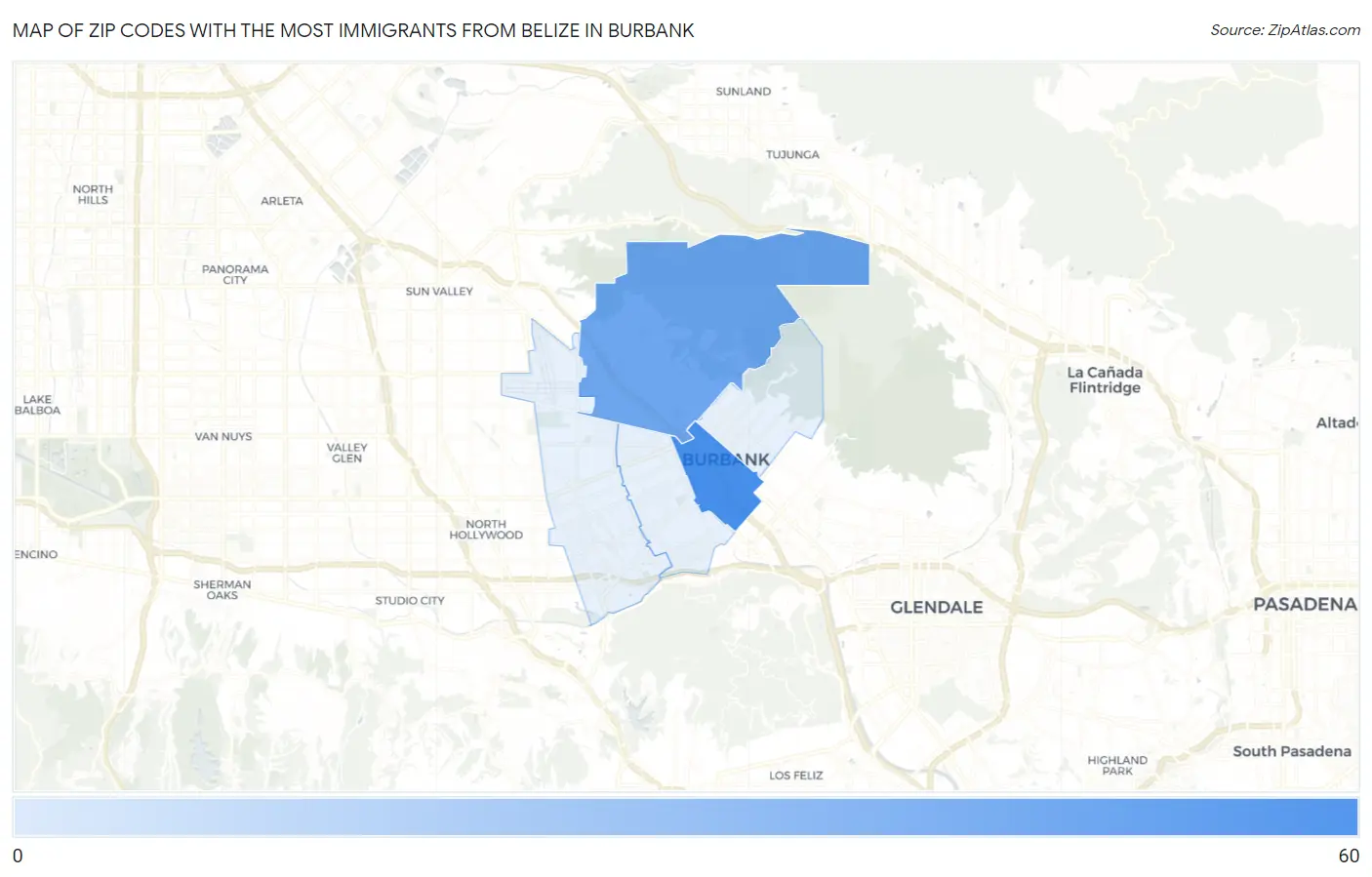 Zip Codes with the Most Immigrants from Belize in Burbank Map