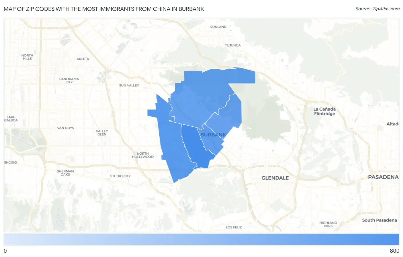 Zip Codes with the Most Immigrants from China in Burbank Map