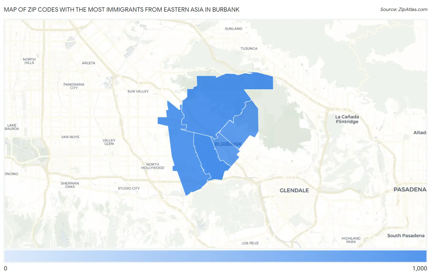 Zip Codes with the Most Immigrants from Eastern Asia in Burbank Map