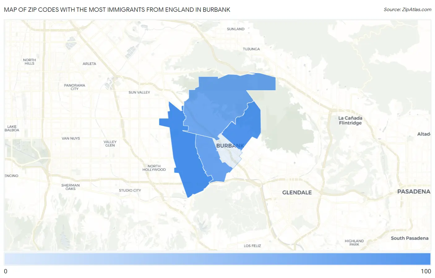 Zip Codes with the Most Immigrants from England in Burbank Map
