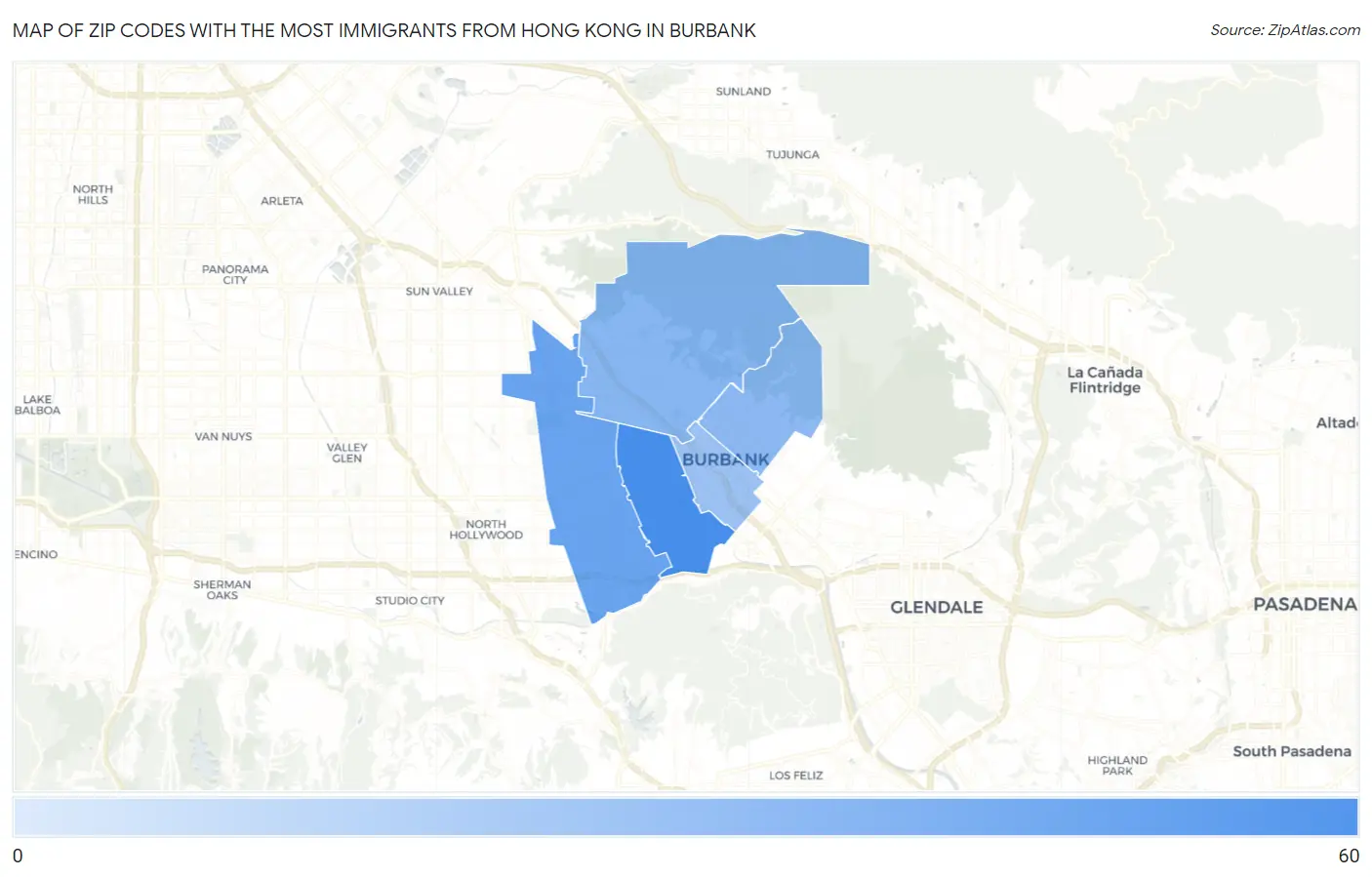 Zip Codes with the Most Immigrants from Hong Kong in Burbank Map