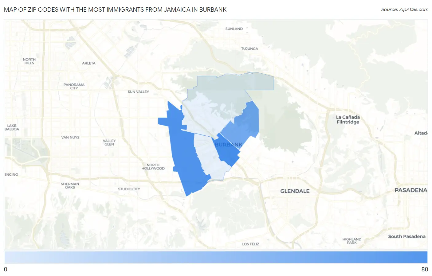 Zip Codes with the Most Immigrants from Jamaica in Burbank Map