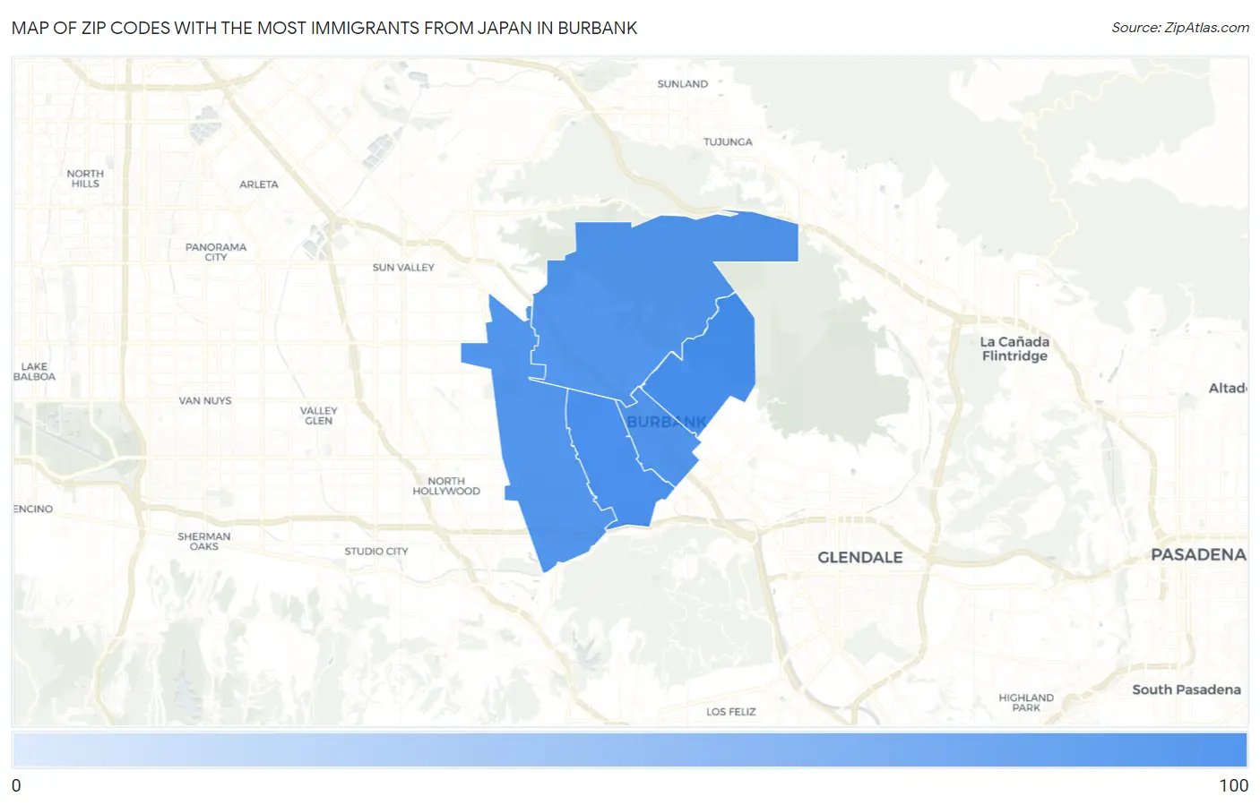 Zip Codes with the Most Immigrants from Japan in Burbank Map