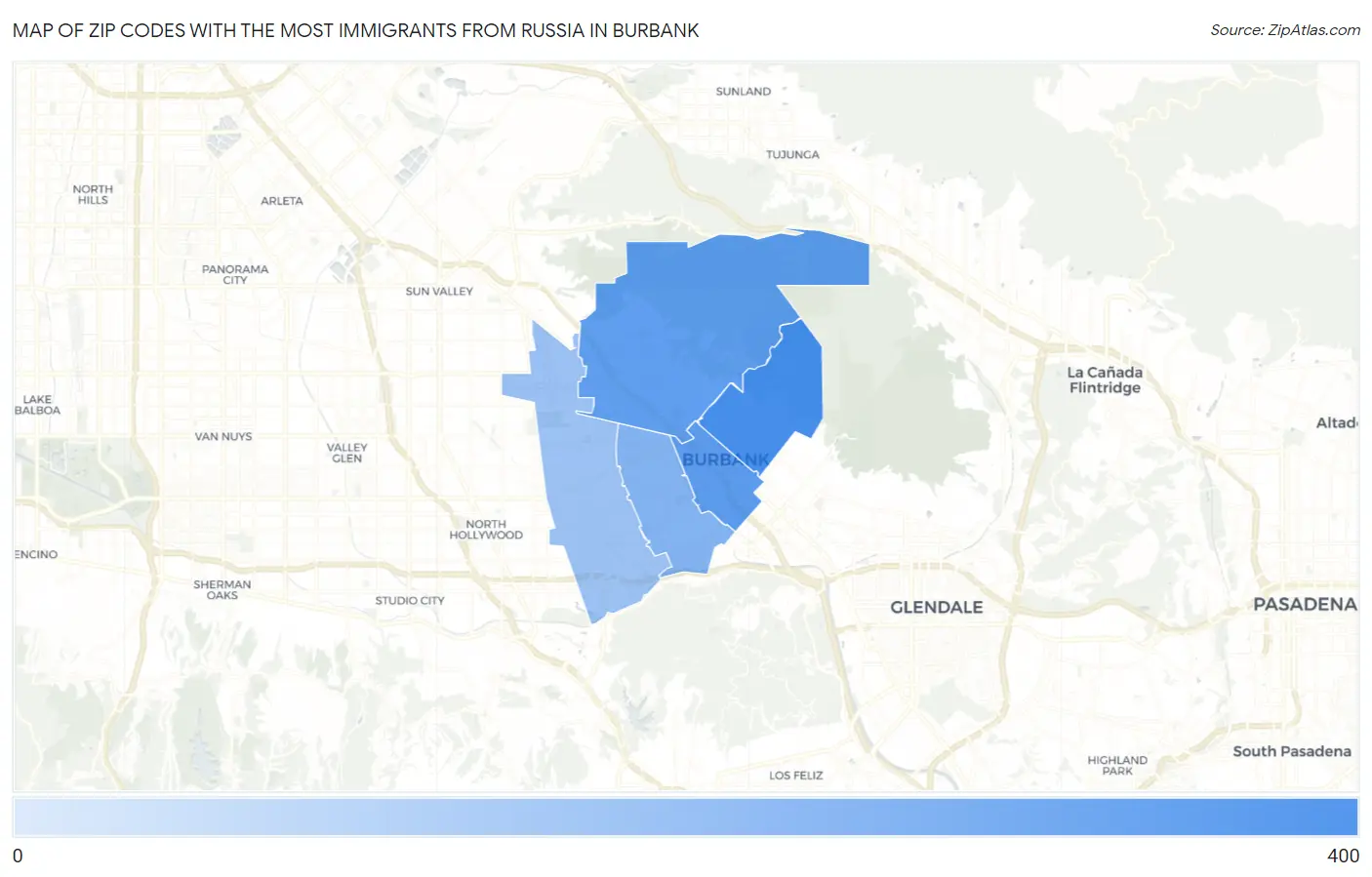 Zip Codes with the Most Immigrants from Russia in Burbank Map