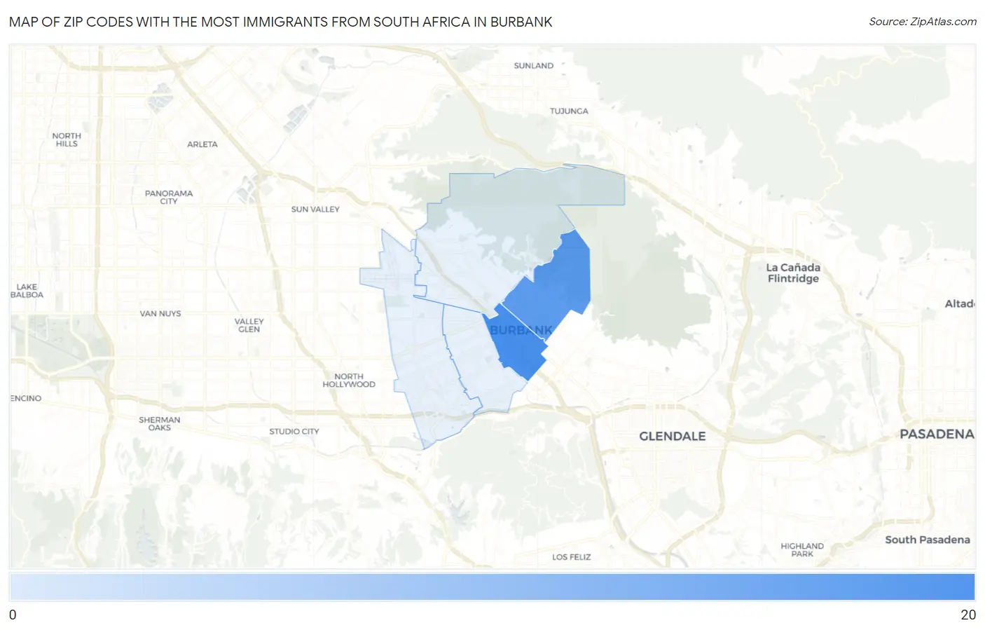 Zip Codes with the Most Immigrants from South Africa in Burbank Map