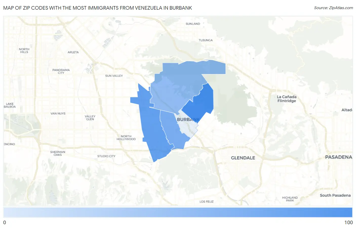 Zip Codes with the Most Immigrants from Venezuela in Burbank Map