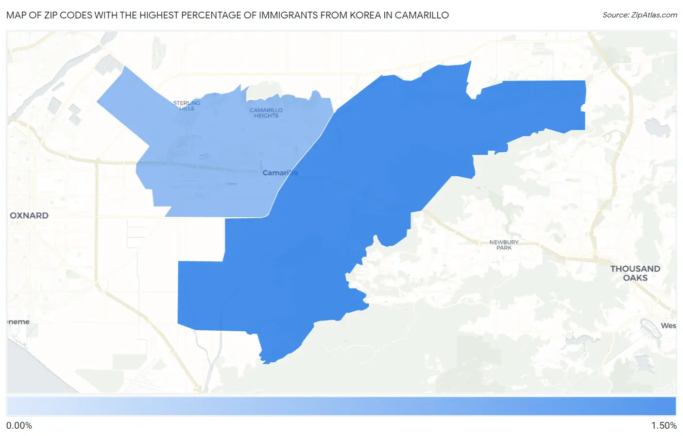Zip Codes with the Highest Percentage of Immigrants from Korea in Camarillo Map