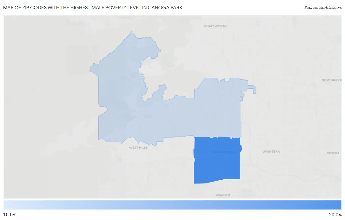 Zip Codes with the Highest Male Poverty Level in Canoga Park Map