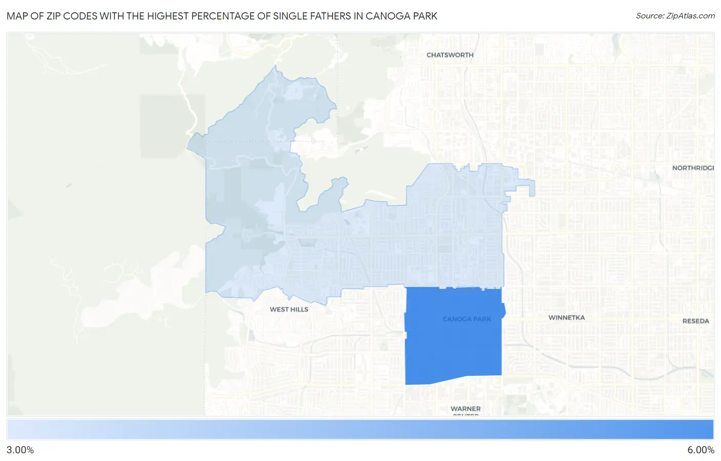 Zip Codes with the Highest Percentage of Single Fathers in Canoga Park Map