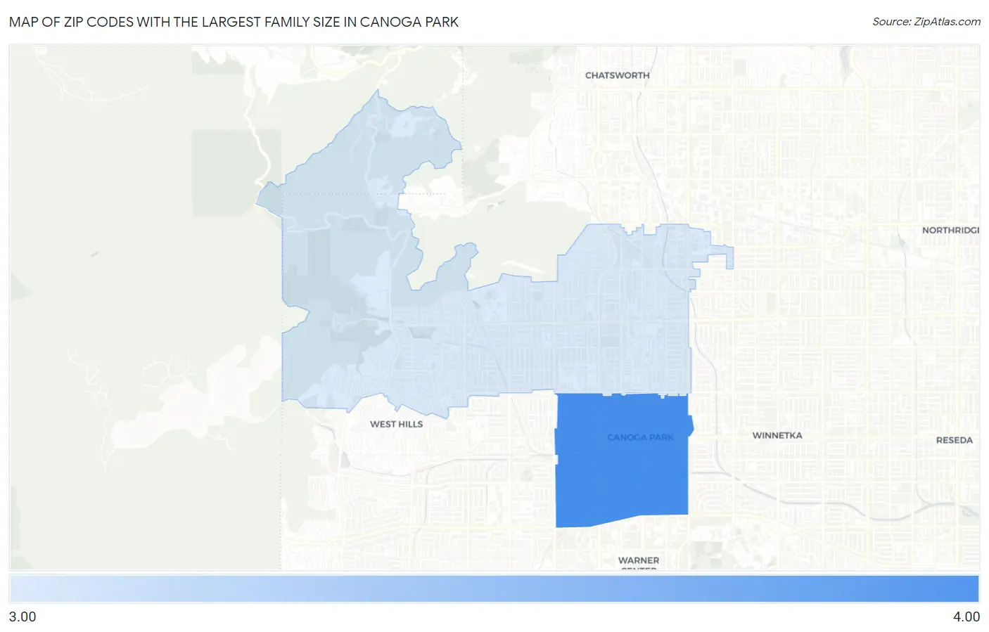 Zip Codes with the Largest Family Size in Canoga Park Map