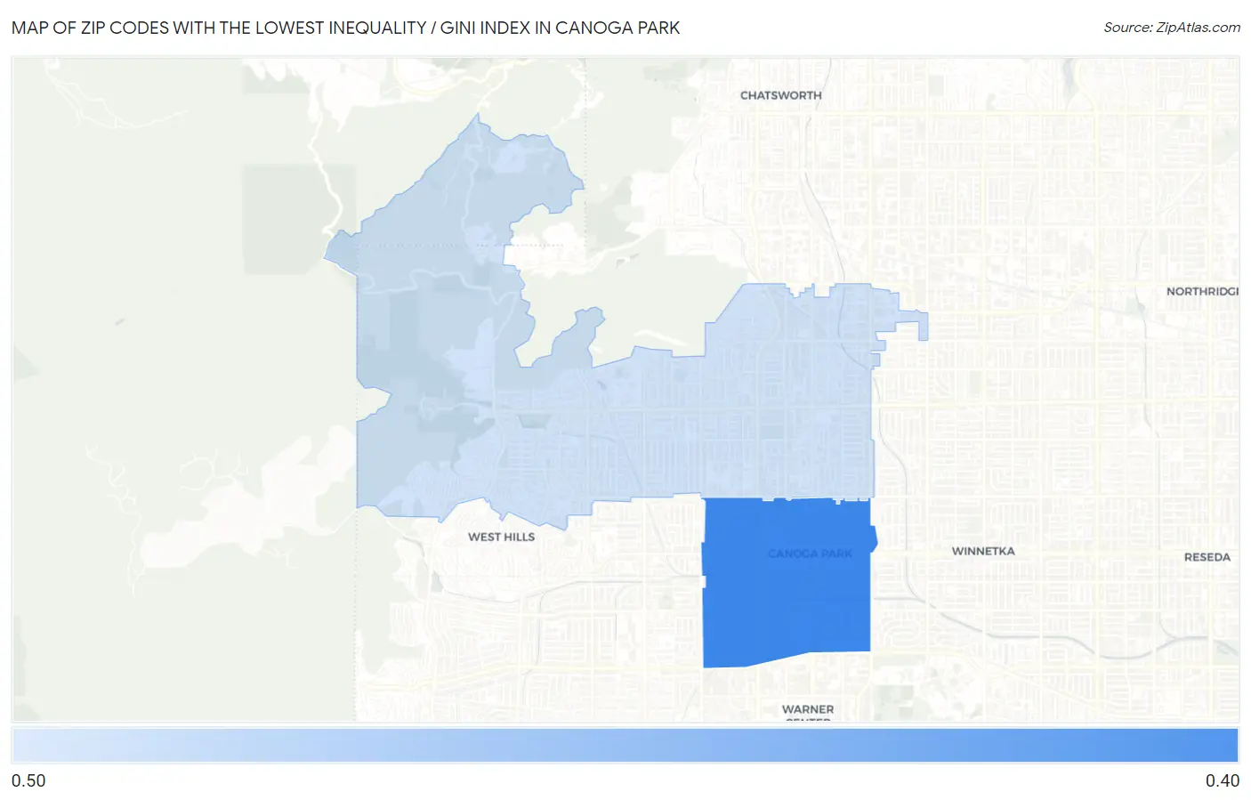 Zip Codes with the Lowest Inequality / Gini Index in Canoga Park Map