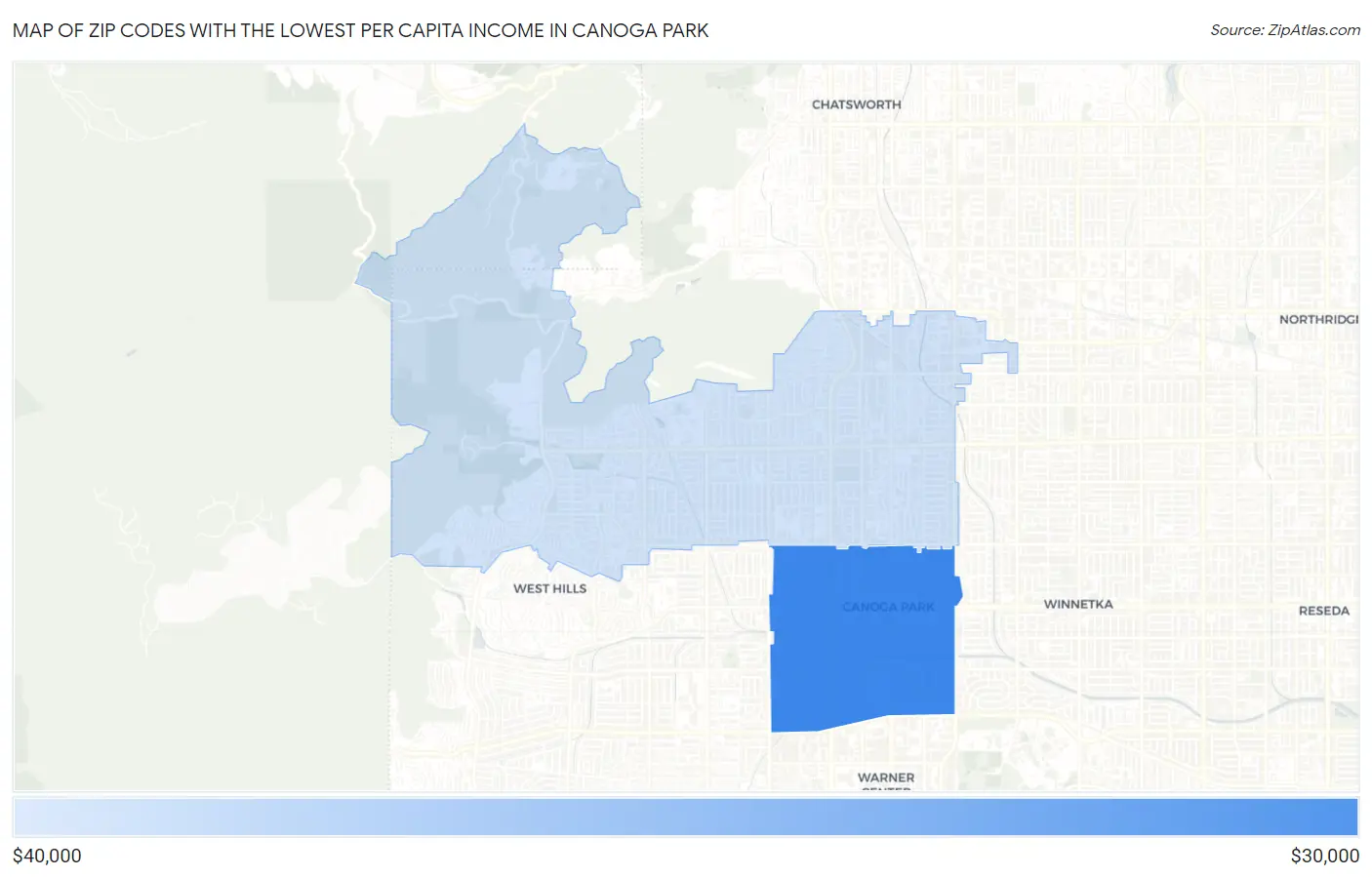 Zip Codes with the Lowest Per Capita Income in Canoga Park Map