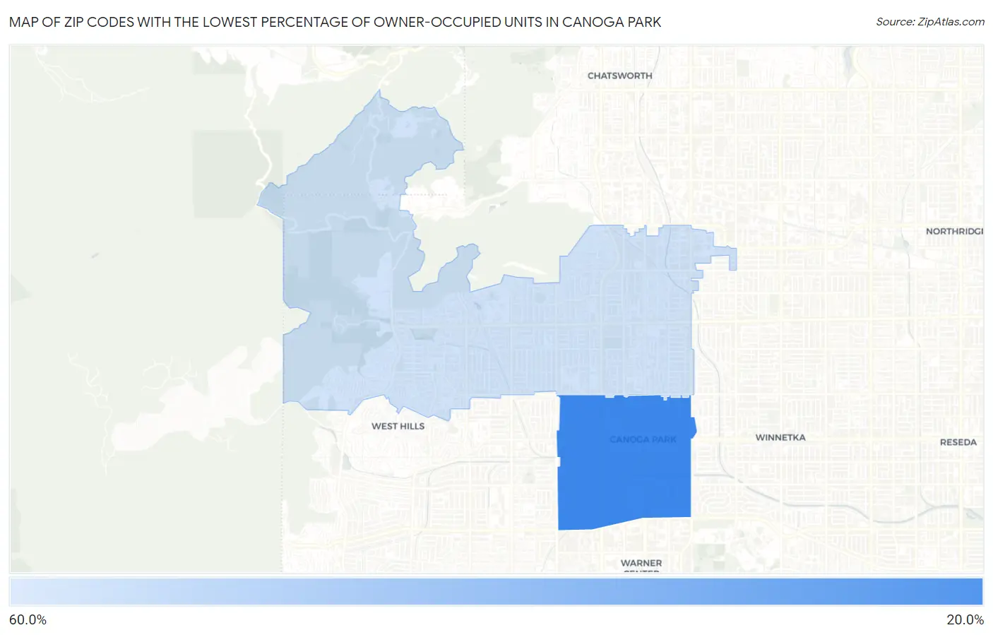 Zip Codes with the Lowest Percentage of Owner-Occupied Units in Canoga Park Map